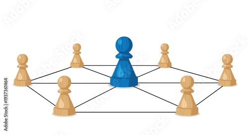 A central blue chess pawn piece is surrounded by seven beige pawn pieces, all interconnected by a hexagonal network of black lines on a white surface.