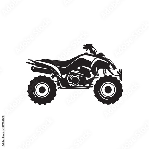 ATV Quad Bike Silhouette Side View Vector, Off-Road All-Terrain Vehicle Icon, Black and White Sport Utility Moto Design Element