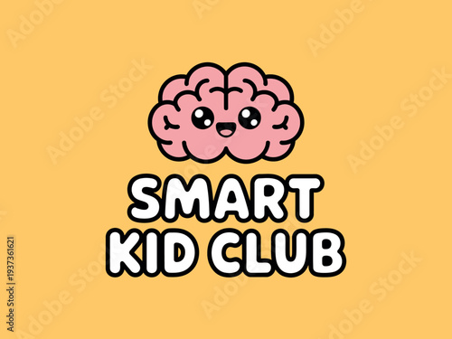 Cartoon brain character smart kid club logo on yellow background
