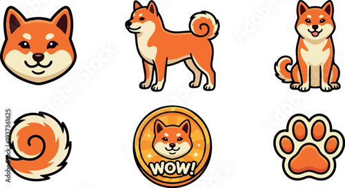 Cartoon sticker set shiba inu faces full body tail paw coin badge arranged in flat vector art playful composition