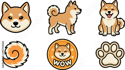 Flat vector shiba inu icons set close up face full body standing sitting curled tail paw coin badge smiling playful