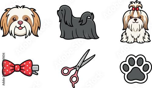 Cute shih tzu vector sticker set showing three dog faces full body bow scissors and paw icons in flat cartoon