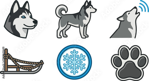 Flat design husky icon set showing head standing howling sled snowflake paw winter theme with soft blue accents minimalist outline