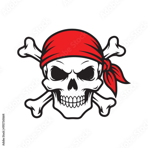 Pirate Skull with Red Bandana and Crossbones Vector Illustration - Jolly Roger Mascot Graphic for Gaming, Sports, and T-Shirt Design
