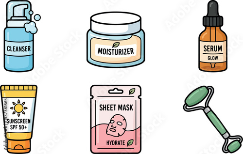 Flat design pastel skincare product icons grid top view pump cleanser jar moisturizer dropper serum sunscreen tube jade roller mask