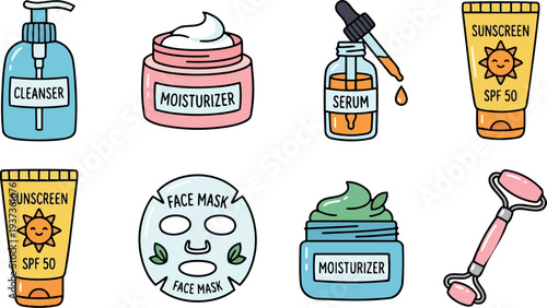Whimsical kids doodle vector set of pastel skincare bottles jars tools including cleanser moisturizer serum sunscreen face mask jade roller