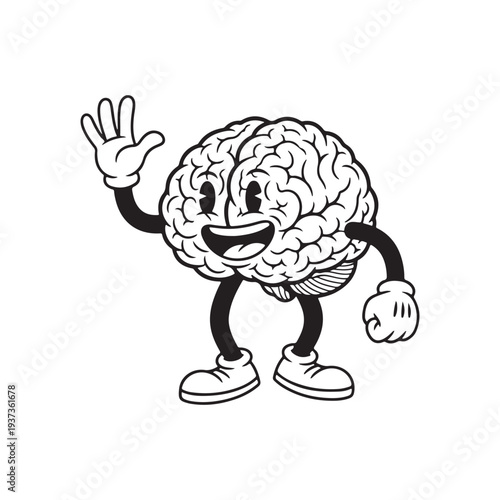 Happy Human Brain Cartoon Mascot Character Waving Hand - Mental Health and Intelligence Vector Illustration for Medical Design