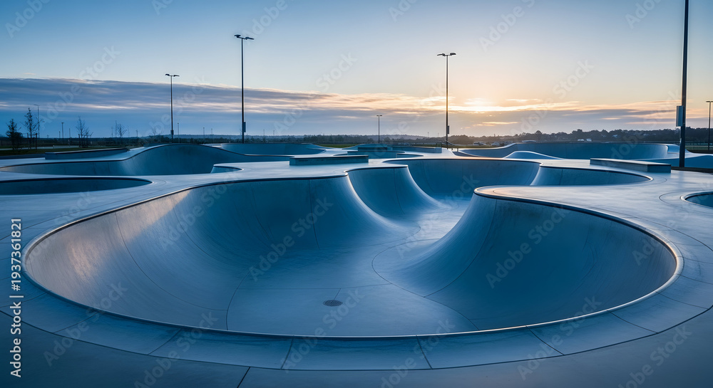 Fototapeta premium Modern concrete skatepark at sunset with smooth curves and bowls perfect for extreme sports and outdoor recreation activities