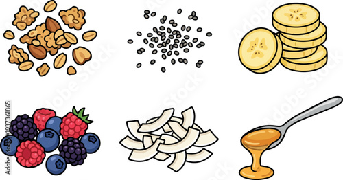 Flat design assorted smoothie bowl toppings granola chia banana slices blueberry raspberry coconut flakes honey drizzle overhead view