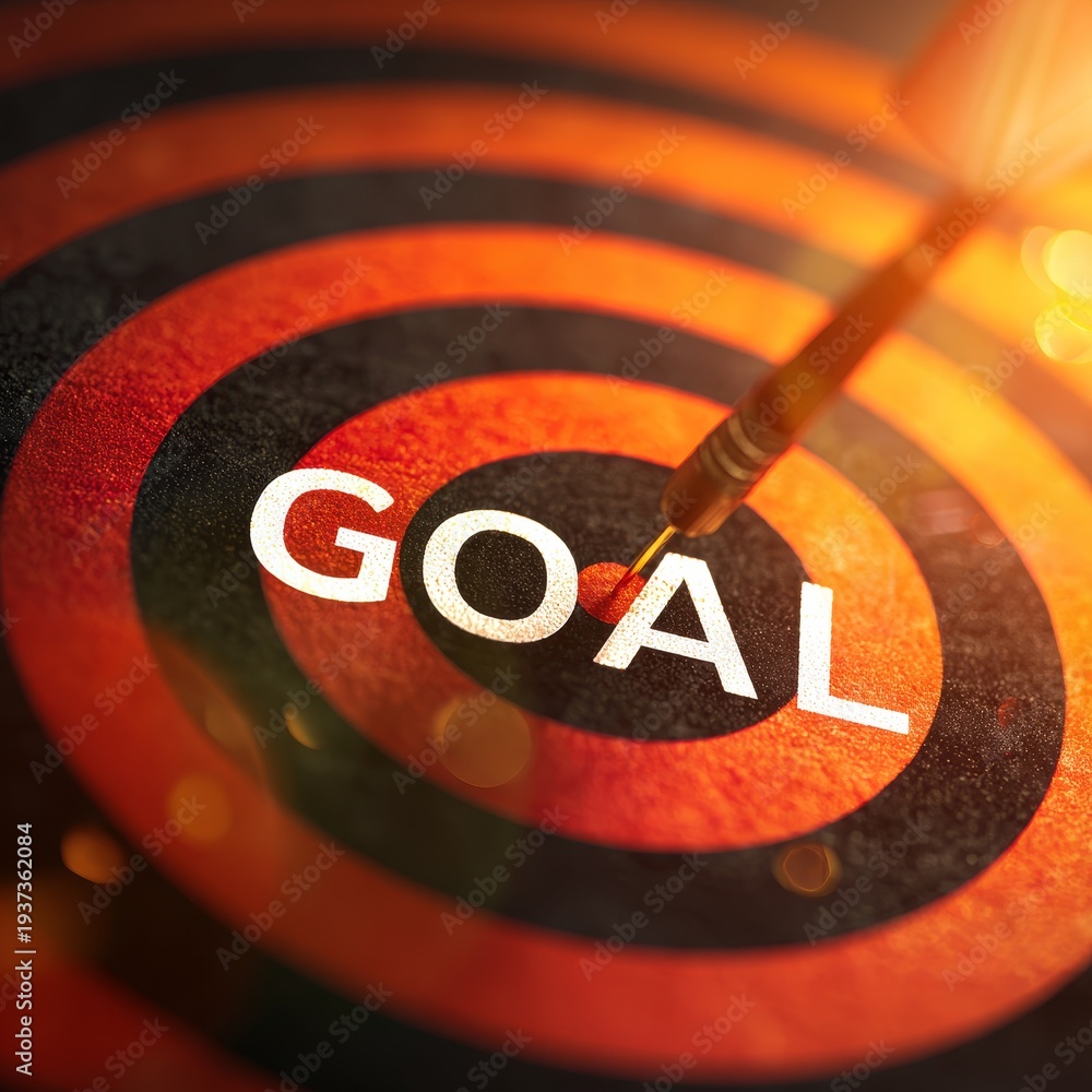 Obraz premium Close-up of golden dart hitting the center of bullseye on target board with GOAL text representing success