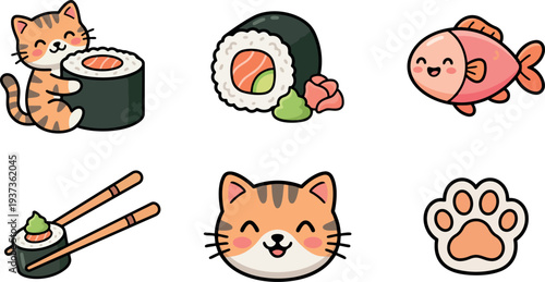 Kawaii flat vector sushi cat and fish icon set with smiling cat face paw and chopsticks in pastel tones cute
