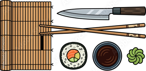 Flat design top view sushi roll with bamboo mat chef knife crossed chopsticks soy sauce and wasabi green garnish minimal