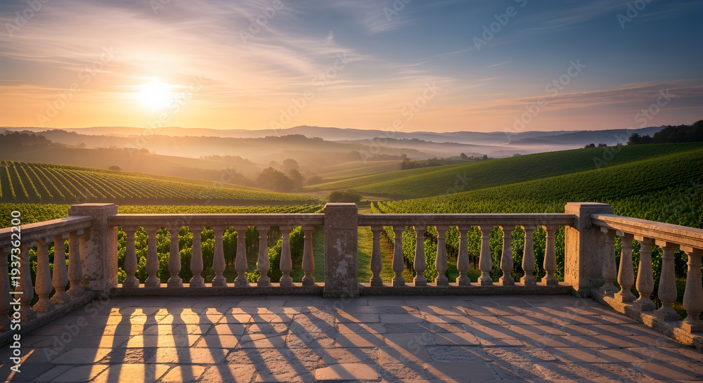 Obraz premium Breathtaking vineyard landscape at sunrise with a stone balcony offering a panoramic view of rolling hills and morning mist bathed in golden light