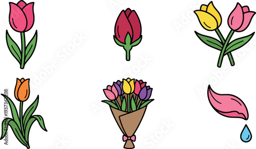 Flat design colorful tulip icon set with bouquet center close up simple line art spring floral stickers pink yellow minimalist