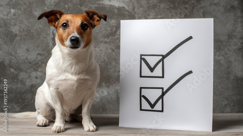 Dog pet terrier checklist wood table white brown poster symbol curious dog with checklist poster wood table, small terrier pet sitting indoors near large paper with check mark symbol