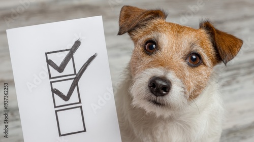 Curious Dog Looking at Checklist Paper – Pet Choosing or Decision Concept