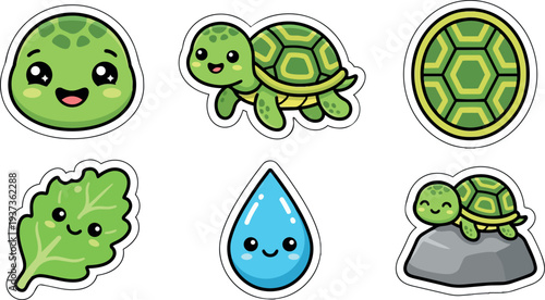 Kawaii sticker style cute green turtle sticker set with smiling faces shell top view leaf water droplet white outline vector