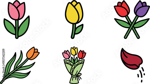 Flat design colorful tulip icons set showing six simple tulip illustrations bouquet stem and falling petal close up bright outline