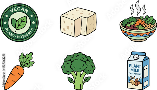Whimsical kids doodle set of vegan food icons with steaming bowl tofu carrot broccoli and plant milk carton flat colors
