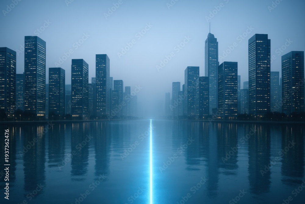 Obraz premium Futuristic Cityscape at Night with Glowing Light Reflection in Water, Urban Skyline View