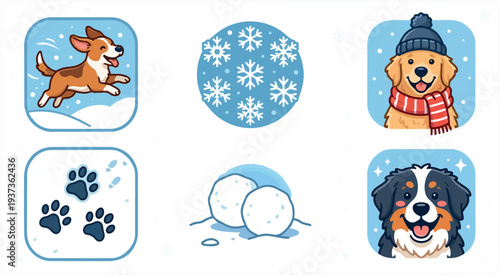Flat design winter dog icon set corgi running golden retriever with scarf bernese puppy paw prints snowballs snowflake pattern blue