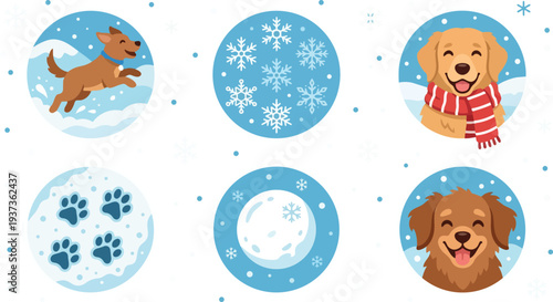 Flat design circular winter dog icons with running dog paw prints snowflakes snowball and scarfed golden retriever smiling close up