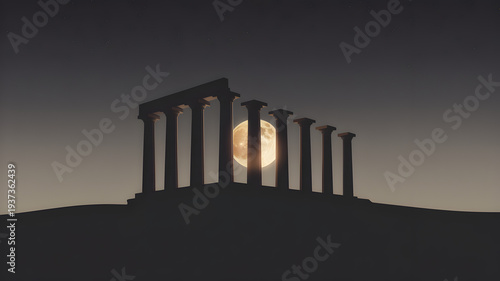 Ancient ruins silhouette with full moon and starry night sky