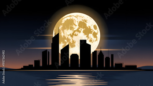 City skyline silhouette with a bright full moon reflecting on the water