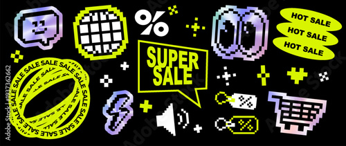 Neon green and holographic pixel super sale stickers set in retro Y2K cyber style. Cool ecommerce icons, discount labels, promo badges, shopping symbols for online store advertising, retail promotion