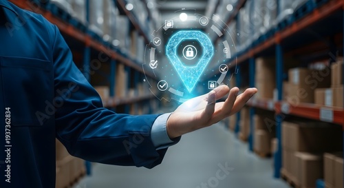 Digital tracking and secure management in a modern warehouse environment, showcasing innovative logistics technology for efficient supply chain operations