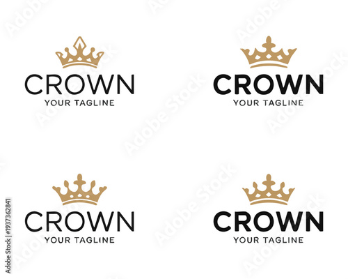 Minimalist gold crown logos with black text for luxury brand identity development and web design