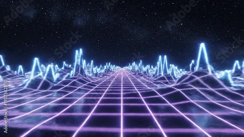A neon grid stretches into the distance, with a landscape of glowing blue wave forms. The night sky is filled with a myriad of stars