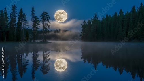 Full moon over lake with trees and fog reflecting on water.