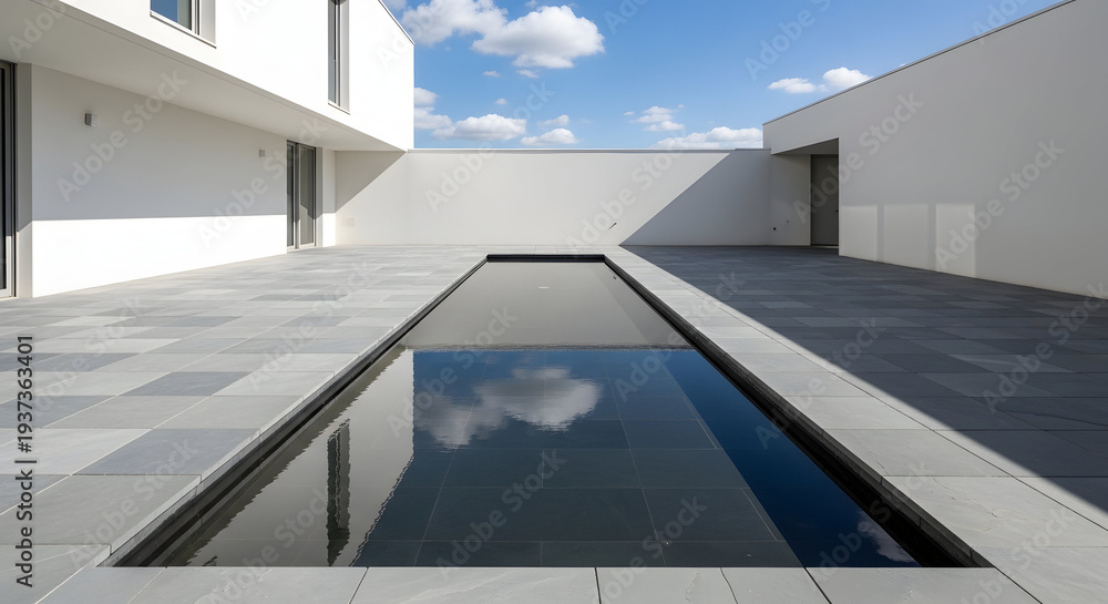 Obraz premium Modern minimalist courtyard with a long rectangular reflecting pool and clean white walls under a bright blue sky with scattered clouds
