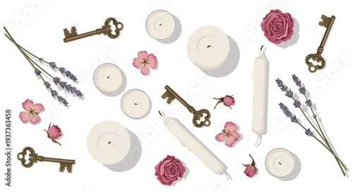 A serene flat-lay illustration features an arrangement of white pillar candles, tealight candles, antique keys, pink roses, and lavender sprigs scattered on a white surface.