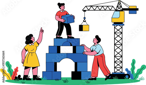 Construction workers building a structure with blocks