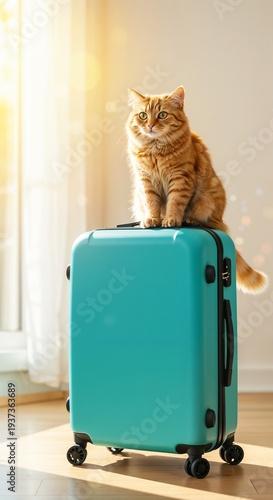 Cute fluffy ginger cat sitting on turquoise suitcase with sunlight on background. Fun picture for travel agencies and pet hotels, vacation and holidays concept, traveling
