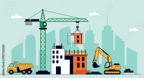 Construction site with crane excavator and buildings