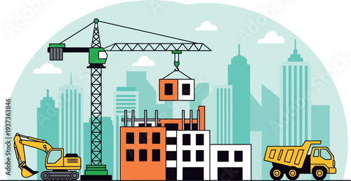 Construction site with crane buildings and heavy machinery