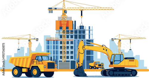 Construction site with heavy machinery and cranes