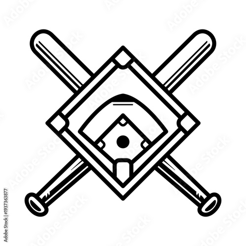 Baseball Field with Crossed Bats Line Icon Illustration for Sports Team Logo, Game Symbol and Athletic Competition Design