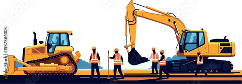 Construction site with heavy machinery and workers