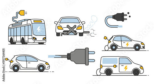 Eco friendly Electric Vehicles with Charging Cables and Contrast to Polluting Gas Cars