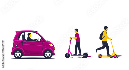 People Traveling with Eco friendly Urban Mobility Electric Car Kick Scooter and E scooter Commute Options