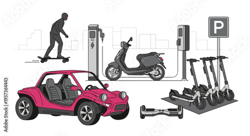 Diverse Electric Urban Transportation with Charging Stations Skateboarder and Recreational Buggy