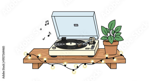 A cream-colored record player with an open lid sits on a rustic wooden shelf, accompanied by a small green potted plant and a string of warm yellow fairy lights.