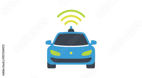 Blue Self driving Car with a Smart Sensor on the Roof Emitting Wireless Data Signals
