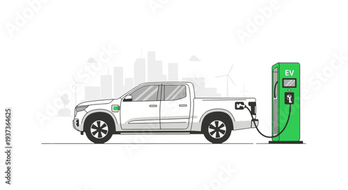 Electric Pickup Truck Charging at a Modern Green Ev Station with City Skyline and Wind Turbines