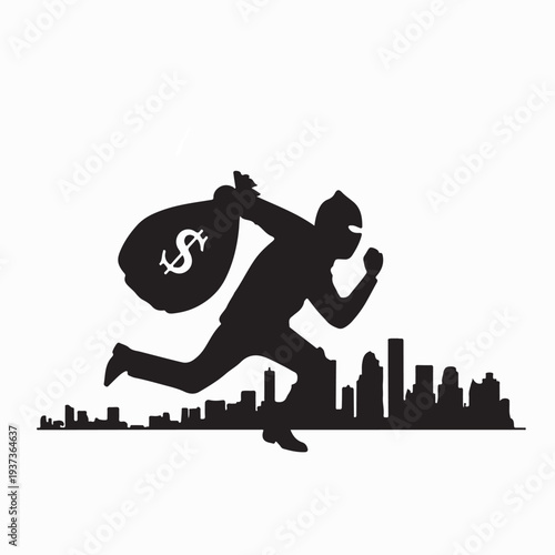 Thief Escaping With Money Bag Vector Silhouette Illustration