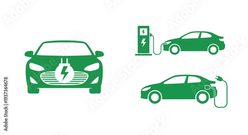 Electric Car Charging Station Symbols and Vehicles Indicating Sustainable Energy Transportation Solutions